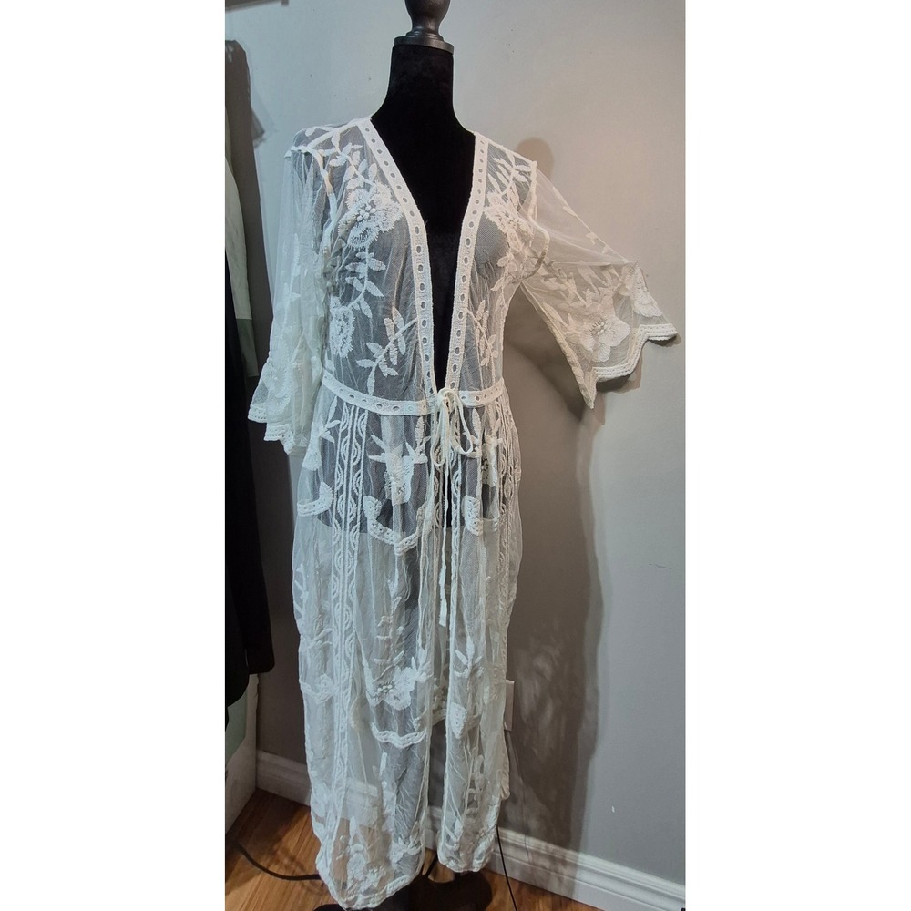 Adiva White Floral Lace Sheer Duster Cardigan Longline Cover Up Medium